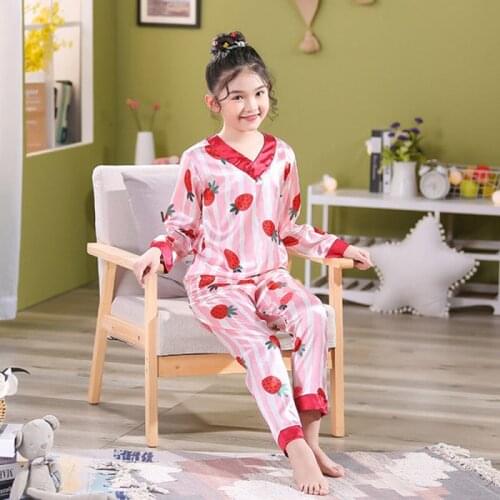 Silk Homewear Suit Long Sleeve Children Spring Autumn Pajamas Set Summer Satin Kids Nightwear Cute Girls Tracksuit Clothing Wear