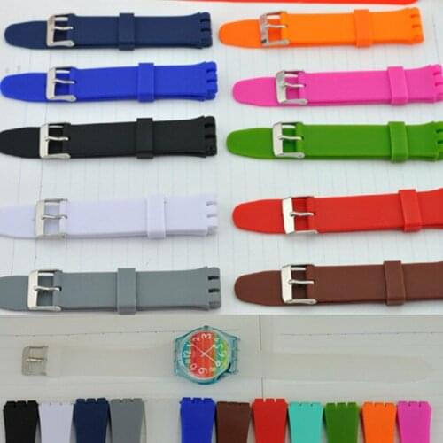 High Quality Black Blue Green 12mm 17mm 19mm Silicone Rubber Watchband For Swatch Colorful Rubber strap Stainless Steel Buckle