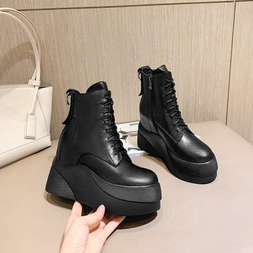 Japan South Korea New winter ankle Women boots Genuine leather 8cm wedges Fashion boots increased Women shoes High help