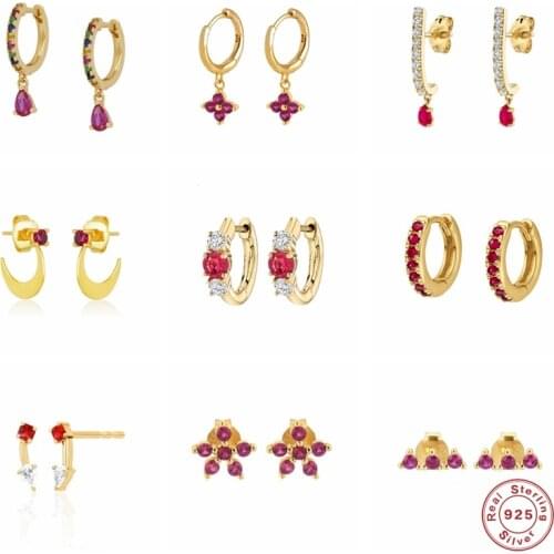 S925 Sterling Silver Stud Earrings Rose Red Crystal Fine Earring For Women Wedding Jewerly Colorful Zircon Piercing Pendientes