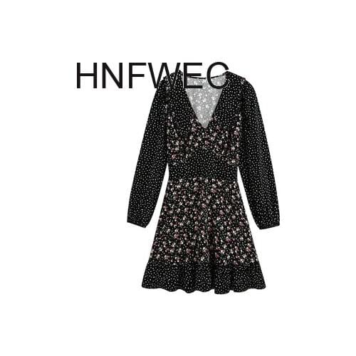 Women 2020 Chic Fashion Floral Print Patchwork Ruffled Mini Dress Vintage V Neck Elastic Waist Female Dresses Mujer K490