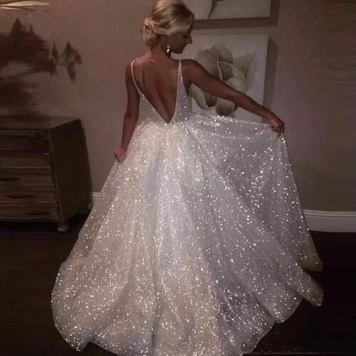 Vestido de festa longo Formal Party Gowns for Women Sparkle White Sequins Evening Dresses Deep V-neck Spaghetti Formal Dress