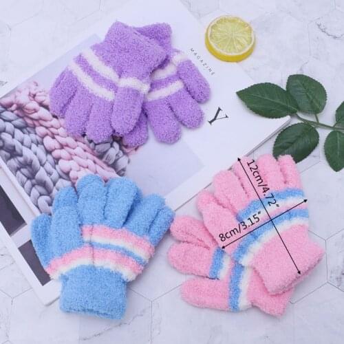 1 Pair Baby Gloves Warm Winter Full Finger Thermal Coral Fleece Kids Boys Girls Colorful Stripe Soft Elastic Solid Wholesale