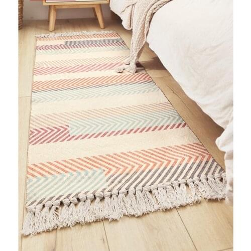 100% Cotton Woven Area Rug Rectangular Plaid Check Tassels Rug Mat Durable Machine Washable Carpet for Bedroom/Kitchen/Hallway