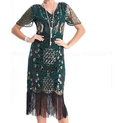 1920s Vintage Art Deco Long Fringed Sequin Beaded Dress 20s Flapper Gatsby Costume Dress with Sleeve