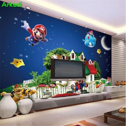 3D Wallpaper Super Mario Cartoon Fresco Childrens Room Playground Nursery Background Wallpaper Star Night Castle Painting