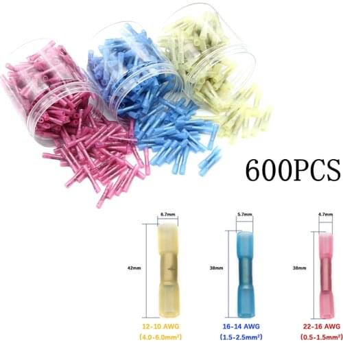 600PCS Waterproof Insulated Heat Shrink Crimp Terminal Electrical Wire Butt Connector AWG 10-22 Assorted Kit
