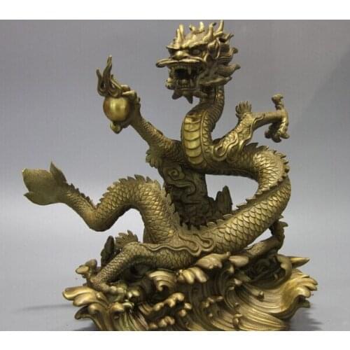 FREE SHIPPING 32CM China Brass Copper Fengshui Auspicious Carved Fly Water Dragon Hold Bead Statue