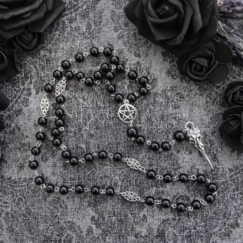 Black Beaded Crescent Necklace Black Rosary with Pentagram and Moon Pendant in Antique Silver, Gothic Necklace
