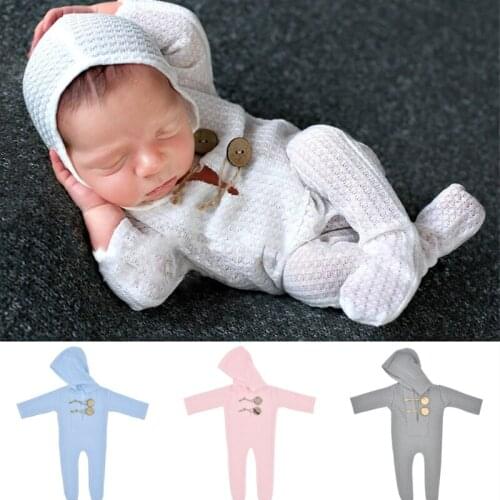 Dvotinst Newborn Baby Photography Props Hooded Romper Cute Soft Button Outfit One-piece Fotografia Studio Shooting Photo Props