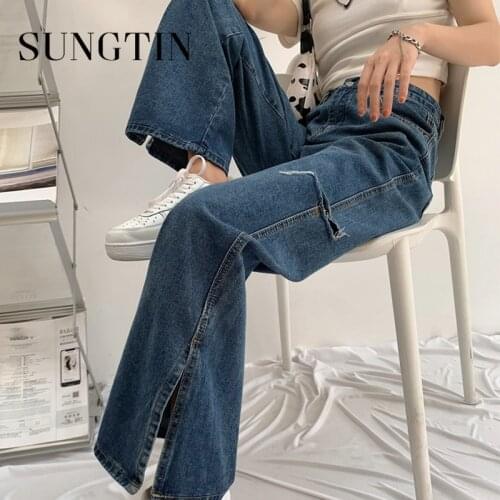 Sungtin Ripped Wide Leg Jeans Women Hole Split Denim Pants High Waist Loose Straight Boyfriend Jeans Trousers Korean Streetwear