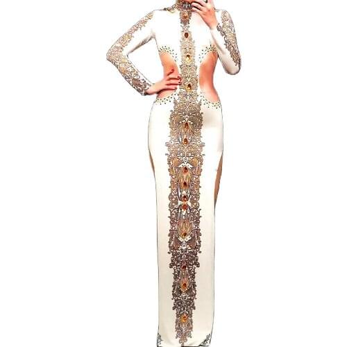 Personality Pattern Printing Floor-Length Dress Rhinestones High Split Fork Cheongsam Dresses Ladies Nightclub Performance Wear