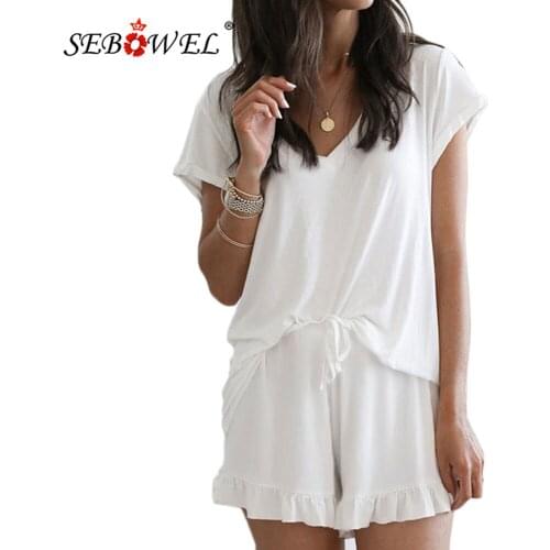 SEBOWEL Summer Women Two-piece V-neck Solid Color Casual Loungewear Suit Female Short Sleeve T-shirt Top + Ruffle Shorts Outfits