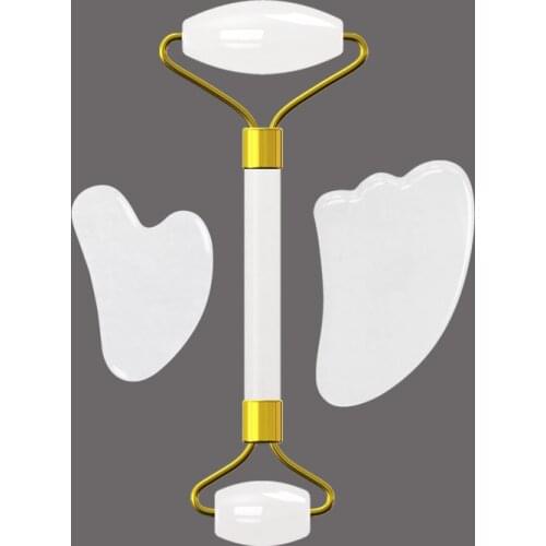 Natural White Jade Massage Roller Gouache Scraper Set Face Roller Gua Sha Tool Stone Guasha Board Facial Massager with Box