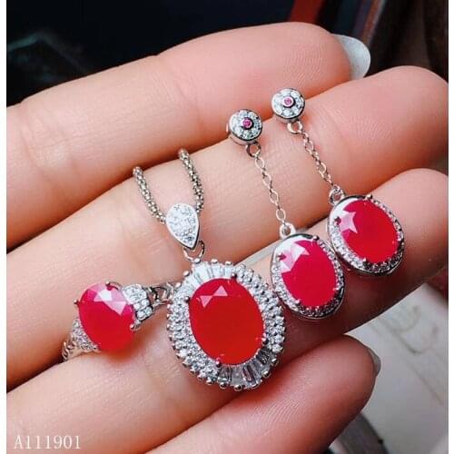 KJJEAXCMY boutique jewels 925 sterling silver inlaid natural ruby Mini-Ring Necklace Pendant Earring Set support detection