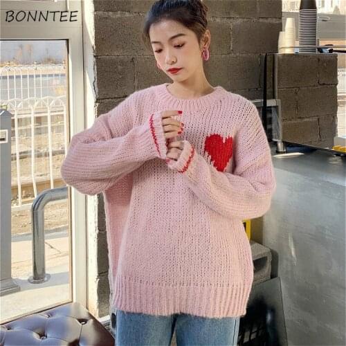 Pullovers Women Loose Patchwork Elegant Sweater Trendy Knitted Pink Newly Leisure Feminino O-Neck Fall All-match Simple Popular