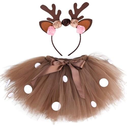 Girls Fluffy Brown Deer Tutu Skirt Christmas Costume Kids Reindeer Tulle Skirt Halloweeen Children Cosplay Outfits