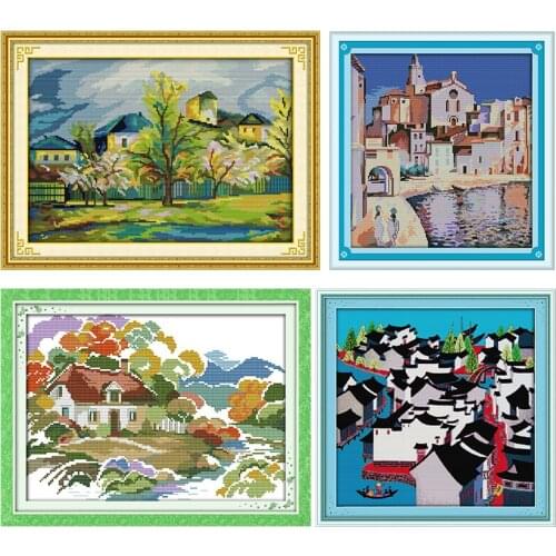 Joy Sunday Stamped Cross Stitch Kits Beautiful Villages Embroidery 11CT 14CT Counted Printed Needlework Decoration Patterns Sets