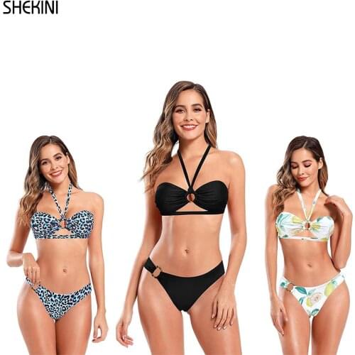 SHEKINI Womens Swimwear Ring Front Bikini Cutout Strappy Halter Bandeau Two Piece Swimsuits Low Waist Swiming Bottoms Beachwear