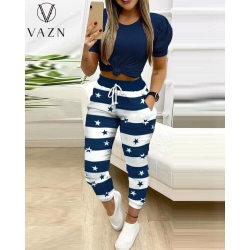 VAZN 2021 INS High-end Free Style Young Tracksuits Casual Regular Short Sleeve Long Pencil Pants Slim Women 2 Piece Set