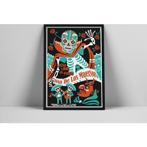 Vintage Canvas Painting Day of the Dead - Fuego Lucha Libre del Wall Art Posters and prints Dia de los Muertos Pub Decoration