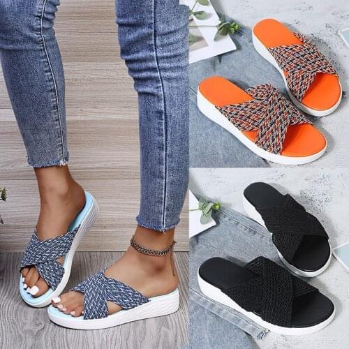 Womens Sandals 2021 Summer Comfort Breathable Wedge Women Slippers Weave Cross Flat Sandals Women Closed Toe Slippers Plus Size