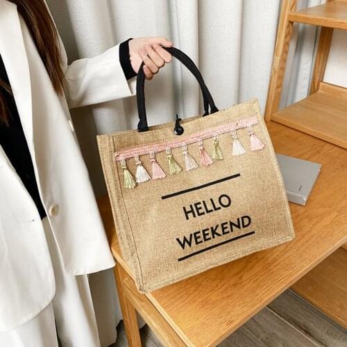 Women Summer Beach Bags Large Capacity Handbags Lady Tassel Shoulder Bag Big Letter Print Linen Totes Girls Travel Shopping Bag
