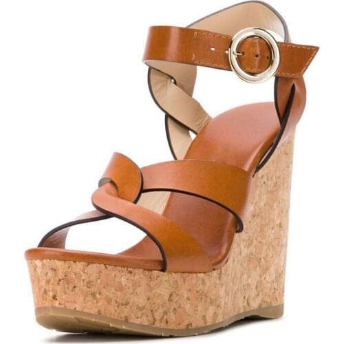 Summer Thicken Crossed Straps Wedge Heels Sandals Ankle Strap Female Wooden Platform Gladiator Beach Vacation Sandalias