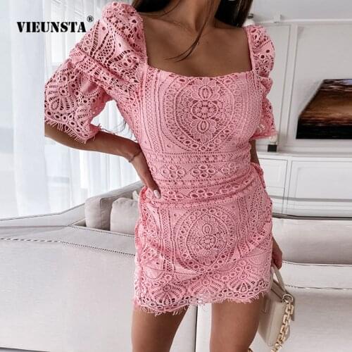 Womens Summer Sexy Lace Square Ccollar Dress Hook Flower Hollow Five Points Puff Sleeve Dress Grace Slim Prom Evening Dress 202