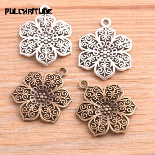 PULCHRITUDE 10pcs 23*31mm New Product Two Color Hollow Flower Charms Plant Hollow Pendant Jewelry Metal Alloy Jewelry Marking