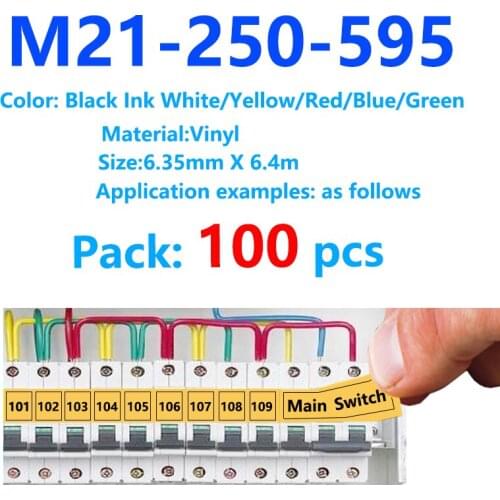 100pack M21 250 595 Vinyl Label tape 6.3mmX6.4m Label Maker For M21-250-595 BMP21 PLUS Printer BMP21 LAB Black on yellow label