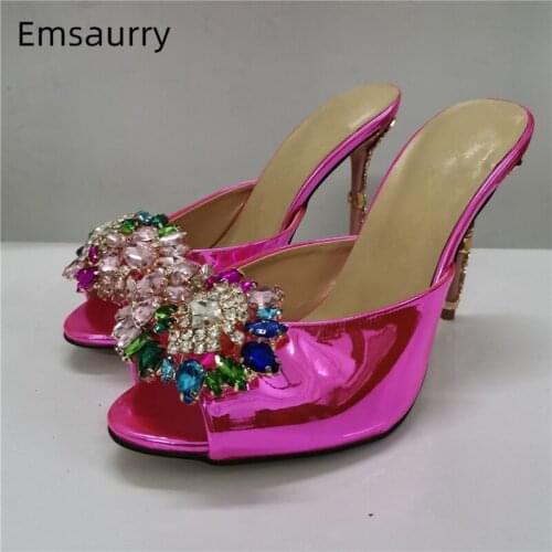 Patent Leather Rhinestone Flower Lazyman Mules Sexy Open Toe Fashion Colorful Metal Petal Decor High Heel Sandals Women