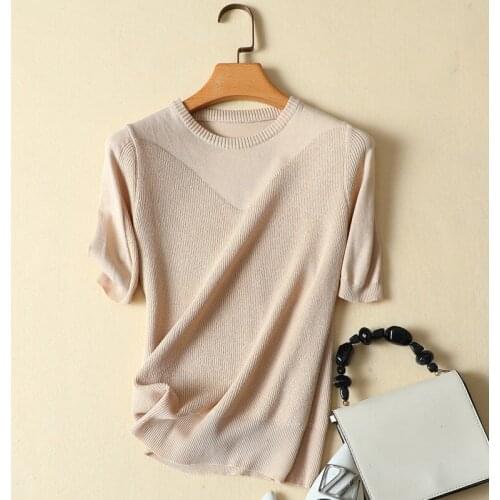 Solid Knitted Women T-Shirts Summer New 2021 O-Neck Short-Sleeved Slim Elegant Office Lady Pulls Tops Tees