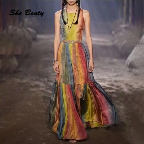 Summer 2021 Runway Dress Women Pleated Open Back Sexy Sleeveless High Waist Rainbow Striped Party Big Swing Long Maxi Dresses Za