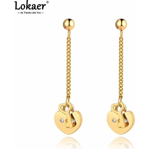 Lokaer 316L Stainless Steel Love Heart Tassel Earrings Jewelry Cute/Romantic Key & Lock Dangle Earrings For Women Girls E21071