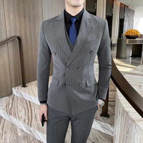 Smart Business Mens Suit Set 2021 New Fashion Pinstripe Stright Double-Breasted Dark Blue Male Professional Stripe Suit Set