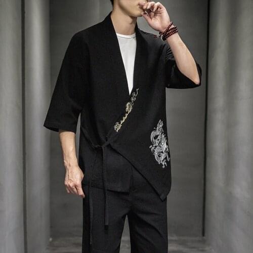Vintage Men Sets Embroidery V Neck Long Sleeve Tops & Pants Streetwear Chinese Style Cotton Loose Men Suit Casual 2 Pieces 10885
