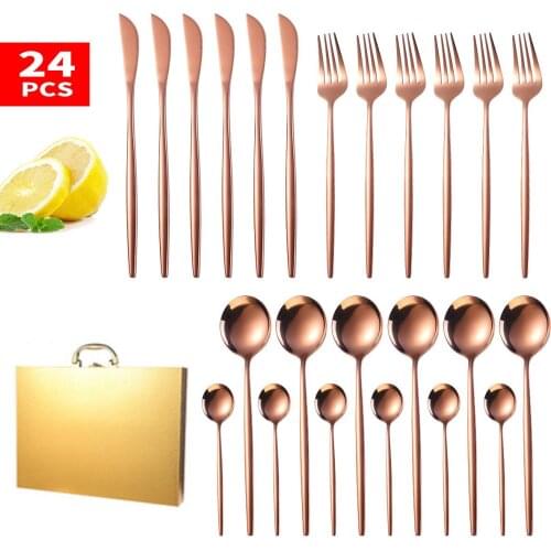 24pcs Western Steak Tableware Set Gold Dinnerware Set Stainless Steel Cutlery Kitchen Dinner Set Knife Fork Spoon Silverware Set