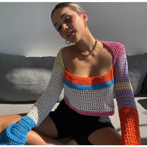 Spring And Autumn New Womens Sexy Square Collar Sweater Low-cut Color Striped Woolen Cropped Navel Long-sleeved Top