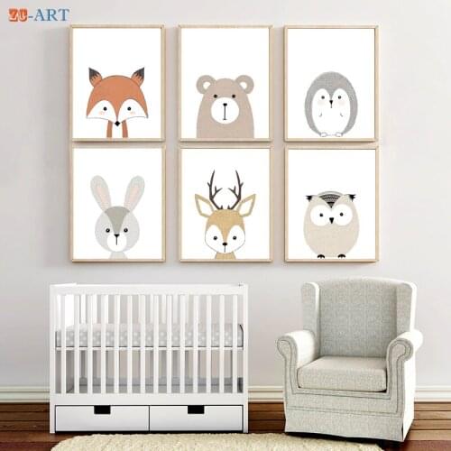 Cute Animal Print Baby Fox Bear Deer Rabbit Posters Canvas Painting Gender Neutral Wall Art Children Room Woodland Nursery Decor