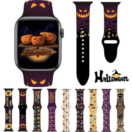 Halloween Silicone Strap for Apple Watch Band 44mm 40mm 38mm 42mm Pumpkin Lantern Skull Print Wristband for iWatch 6 SE 4 5 3 2