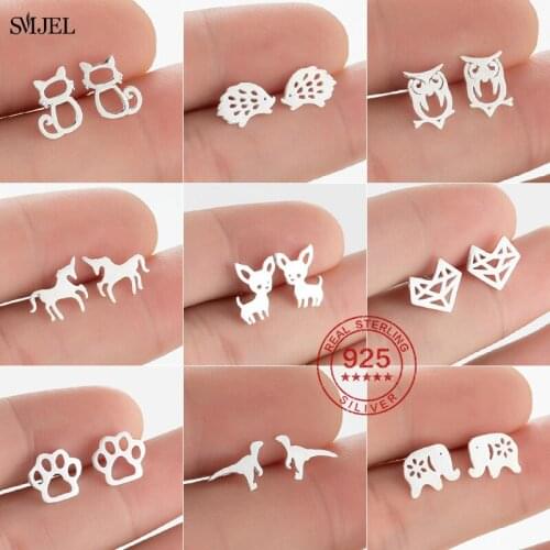 Lovely 925 Sterling Silver Animal Earing for Women Fashion Small Fox Chihuahua Hedgehog Dinousar Stud Earring Kids Birthday Gift