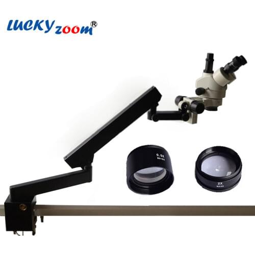 Luckyzoom Flexible 3.5X-90X Stereo Zoom Trinocular Microscope Articulating Arm 0.5X 2.0X Objective Lens Microscopio Accessories