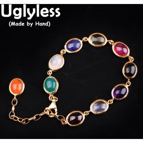 Uglyless 2 Sizes Luxury Natural Colorful Gemstones Ruby Bracelets for Women Pretty Rainbow Jewelry 925 Silver Chains Bracelets