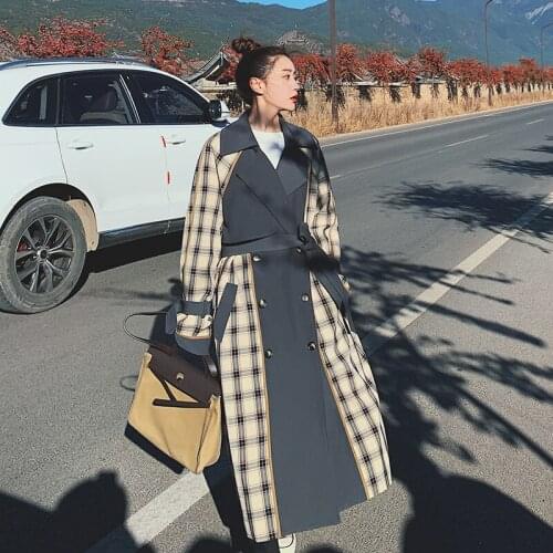 Womens Windbreaker Spring Autumn Plaid Lapel Big Size Jacket Cotton Ladies Long Cloak Female Casual Wear A Belt Trench Coat