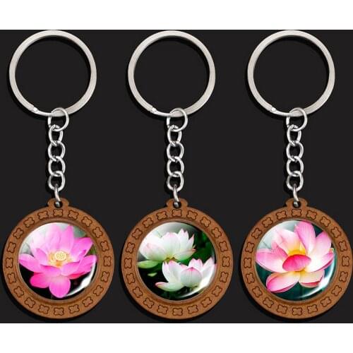 Pure Lotus Photo Key Chain Plant Statement Ladies Kychain Women Bag Chain Handmade Wooden Jewelry Wholesale Dropshipping