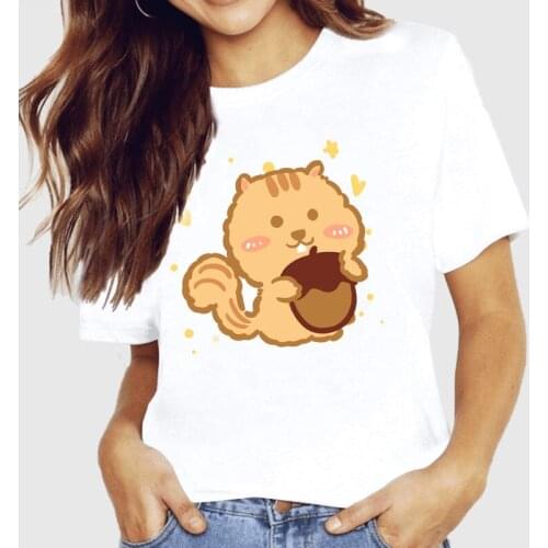 Women T Shirt Funny Squirrel Print Casual T-shirt Summer Short Sleeve Top Harajuku New Graphic White Woman Tees Tops