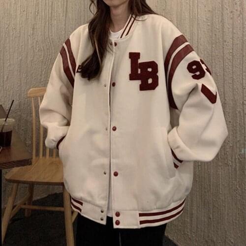 Women Autumn Oversized Baseball Jackets,Fashion Varsity Streetwear Coat Striped Long Sleeve Letter Embroidery Hip Hop Jackets