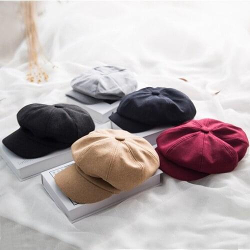 2020 Korean Style Hat for Women Woolen Octagonal Hat Lady Autumn Winter Retro Solid Newsboy Cap Warm Painter Cap Fashion Simple
