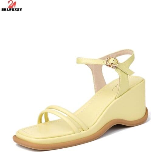 SKLFGXZY 2021 Summer New Arrival Women Genuine Leather Sandals Roman Style Cowhide Thick Wedge Bottom Women Shoes